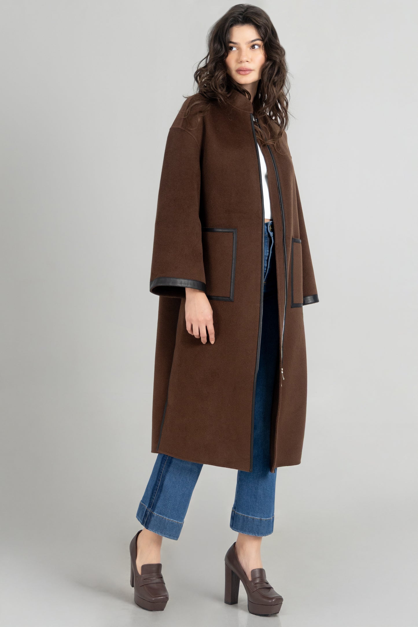 Cashmere Wool Leather Trim Long Coat