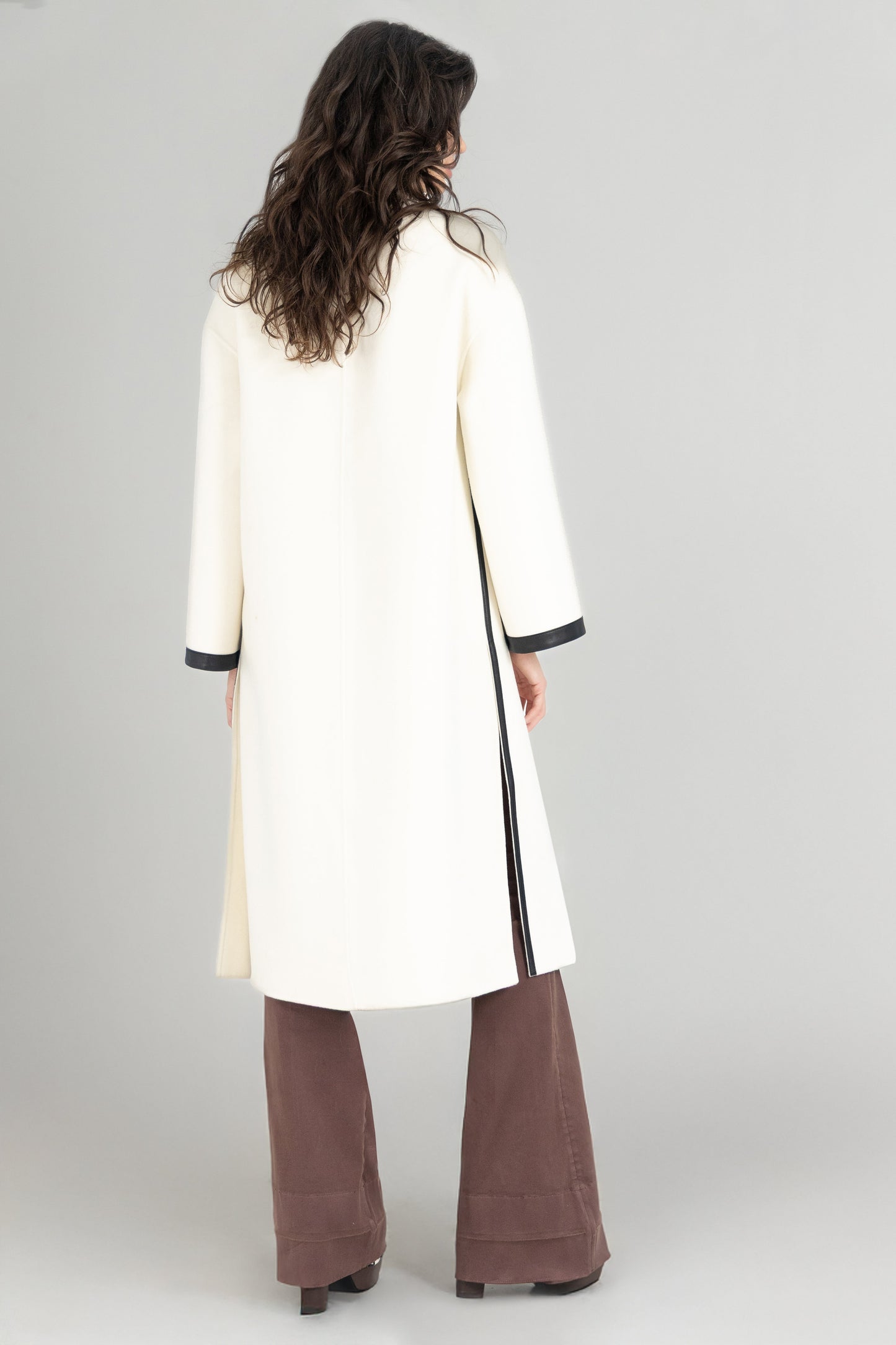 Cashmere Wool Leather Trim Long Coat