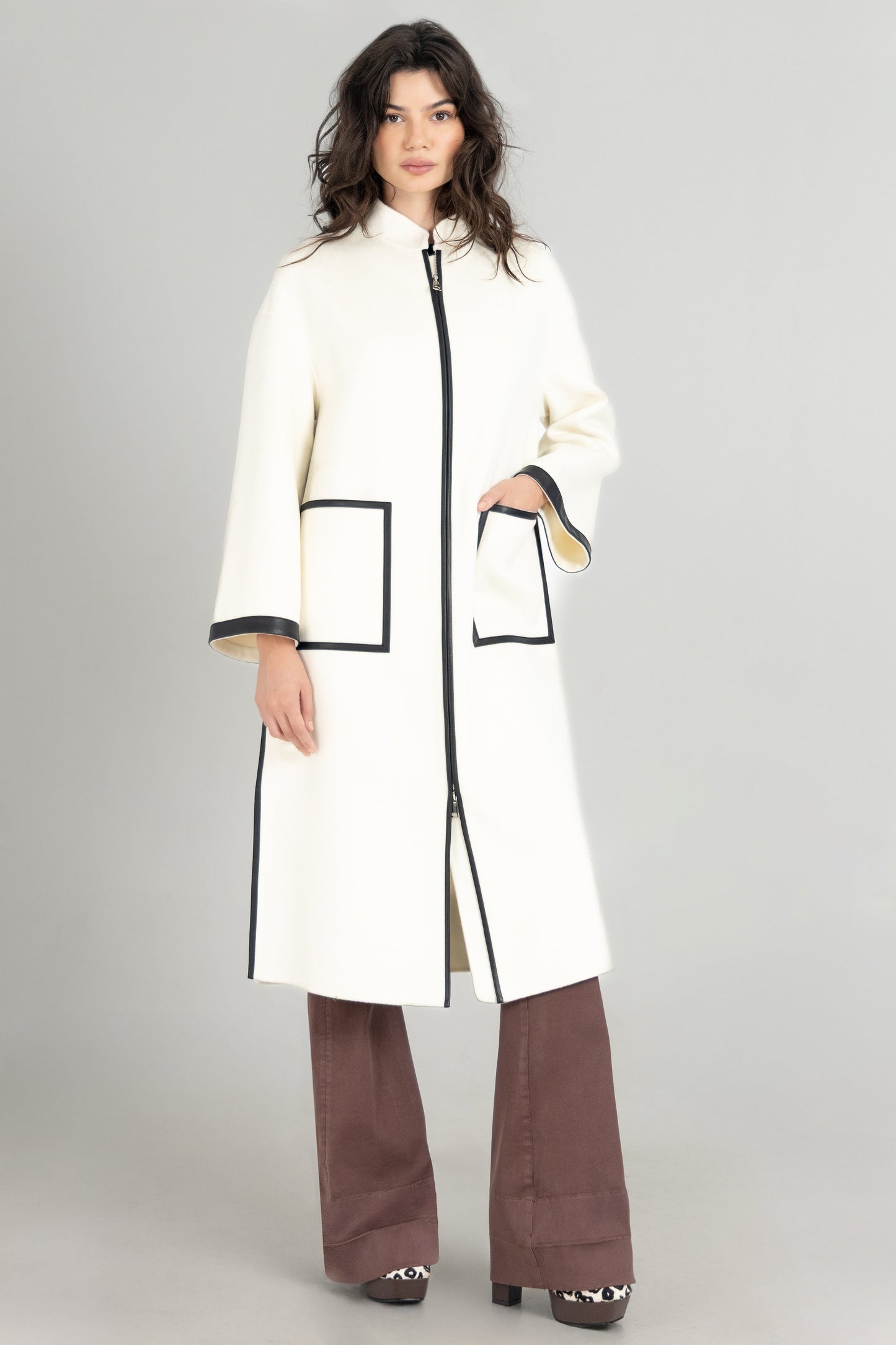 Cashmere Wool Leather Trim Long Coat