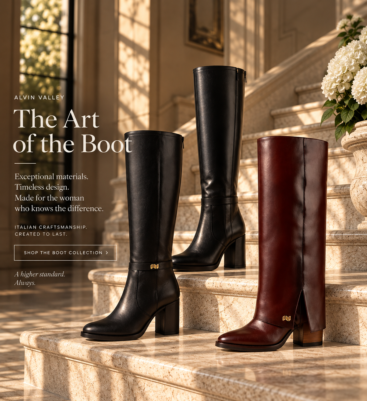 The Art of the Boot editorial featuring three boot designs on limestone stairs