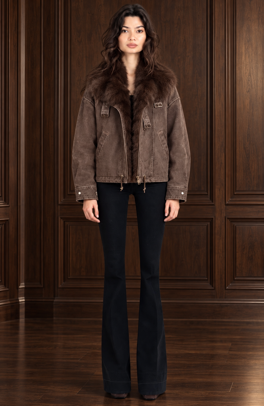 ALVIN VALLEY brown buckle fox jacket on model against dark walnut paneling