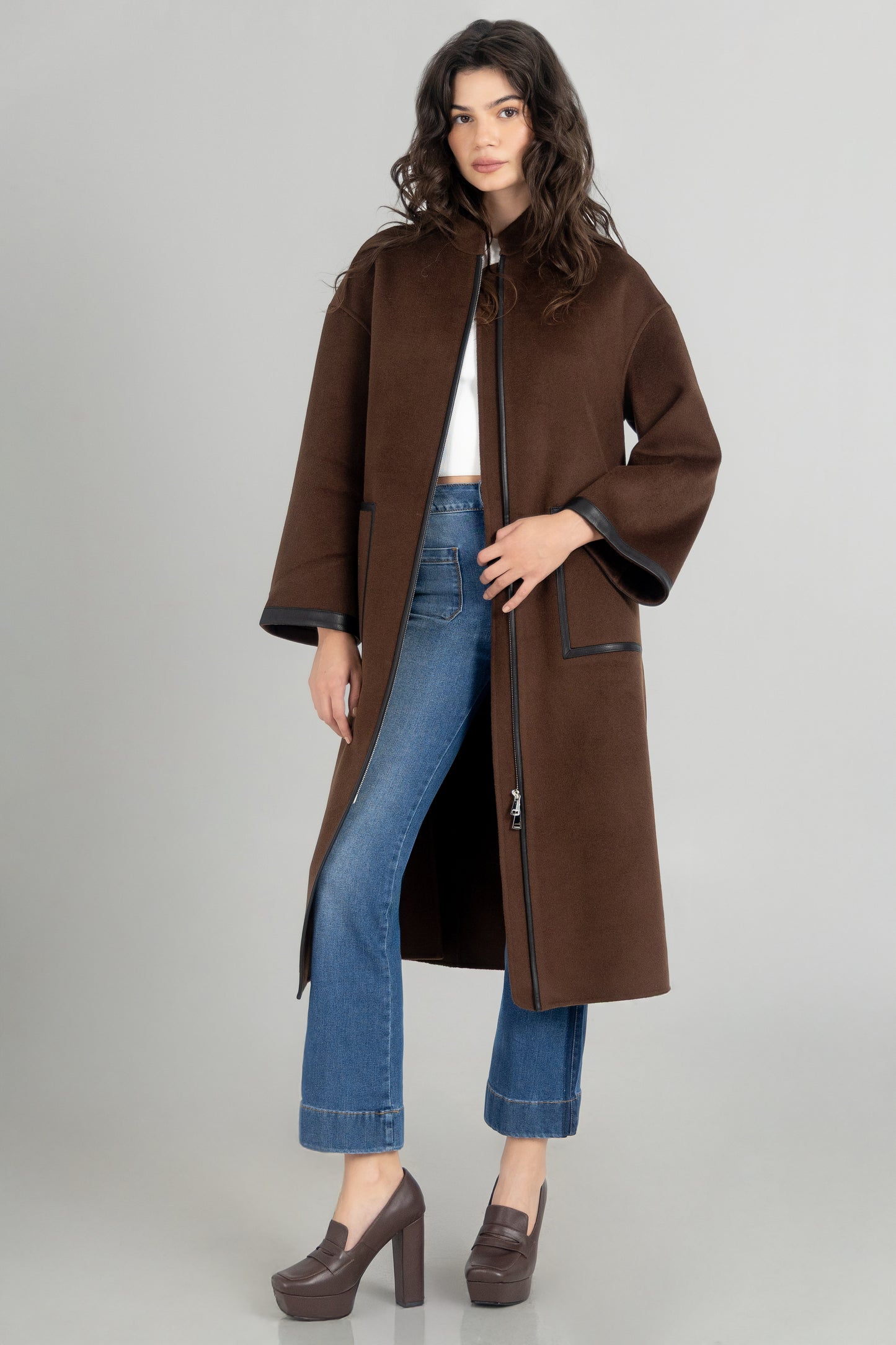 Cashmere Wool Leather Trim Long Coat