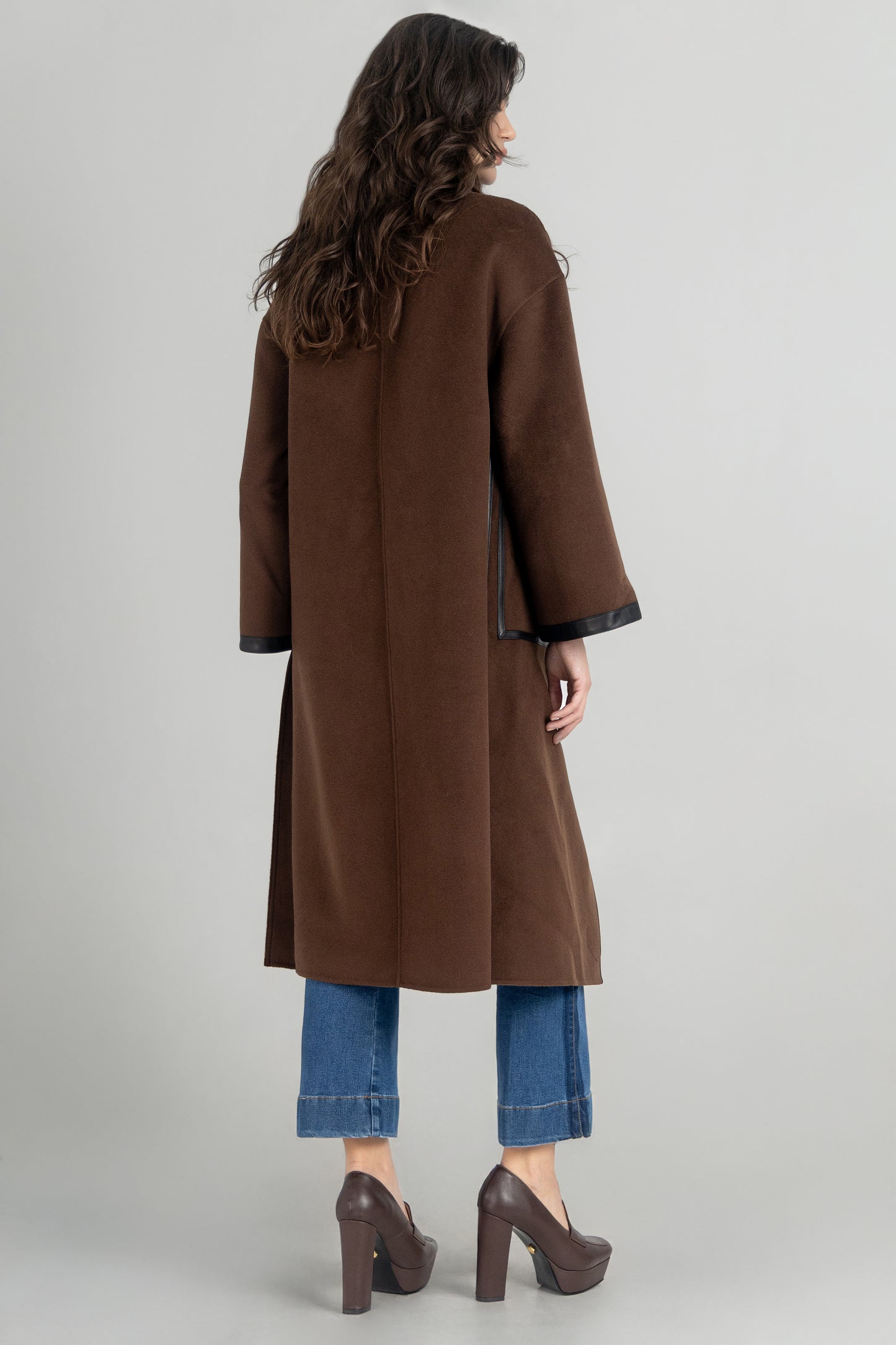 Cashmere Wool Leather Trim Long Coat