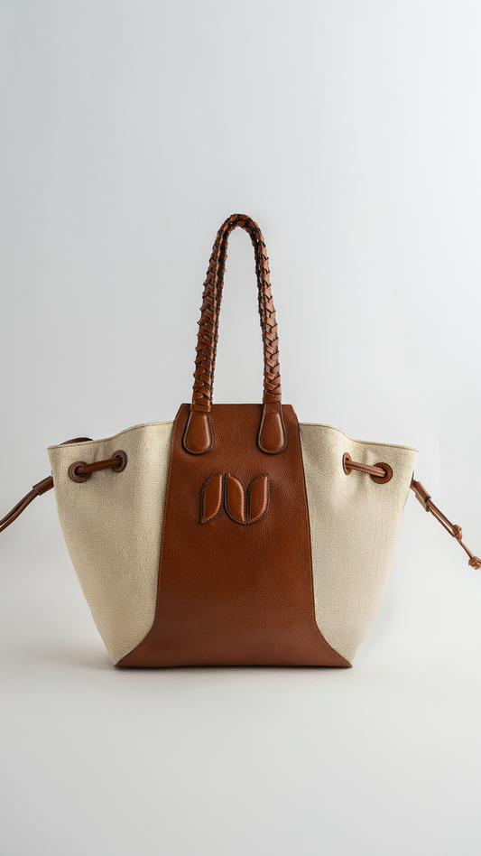 MARINA TOTE LEATHER CANVAS AND COÑAC