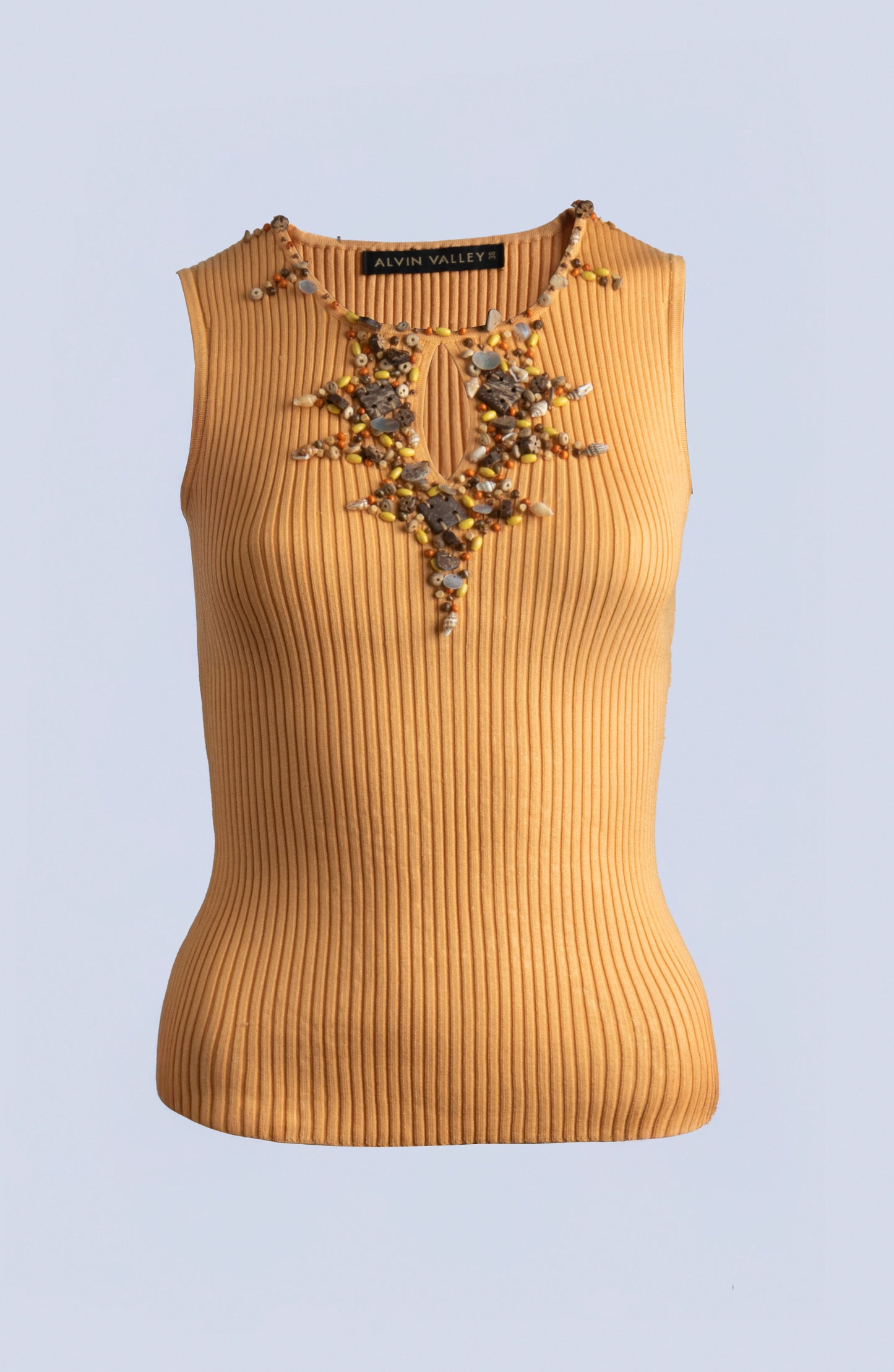 SILK KNIT RIBBED EMBROIDERY MUSTARD