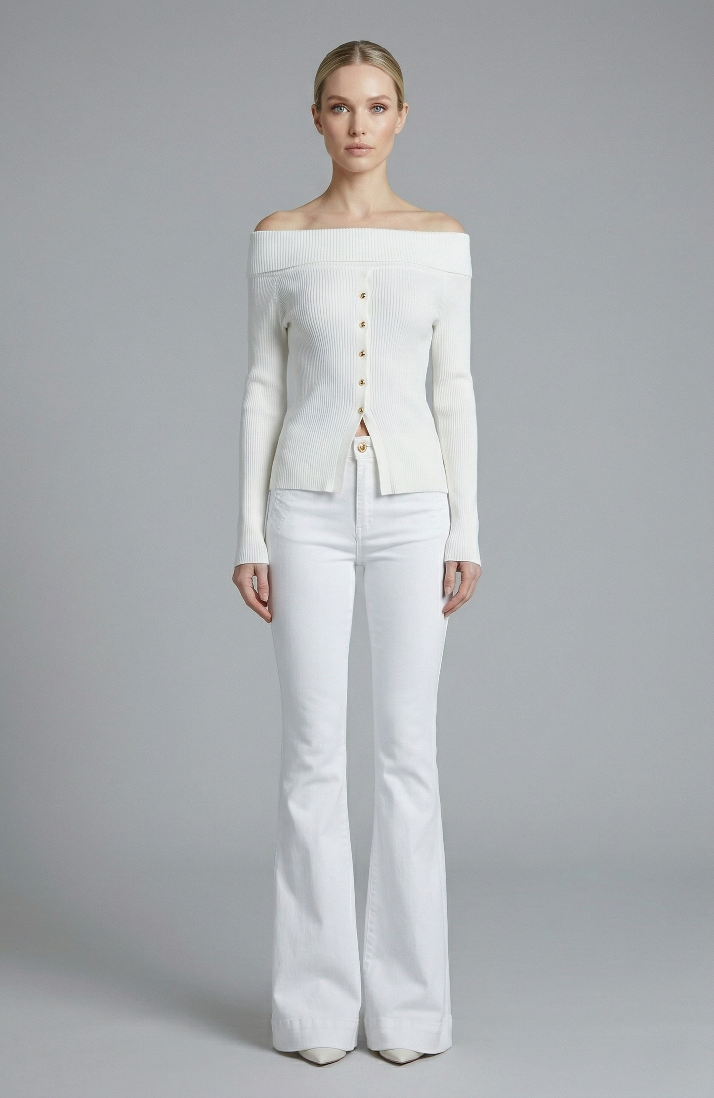 Off Shoulder Cardigan w Gold Buttons
