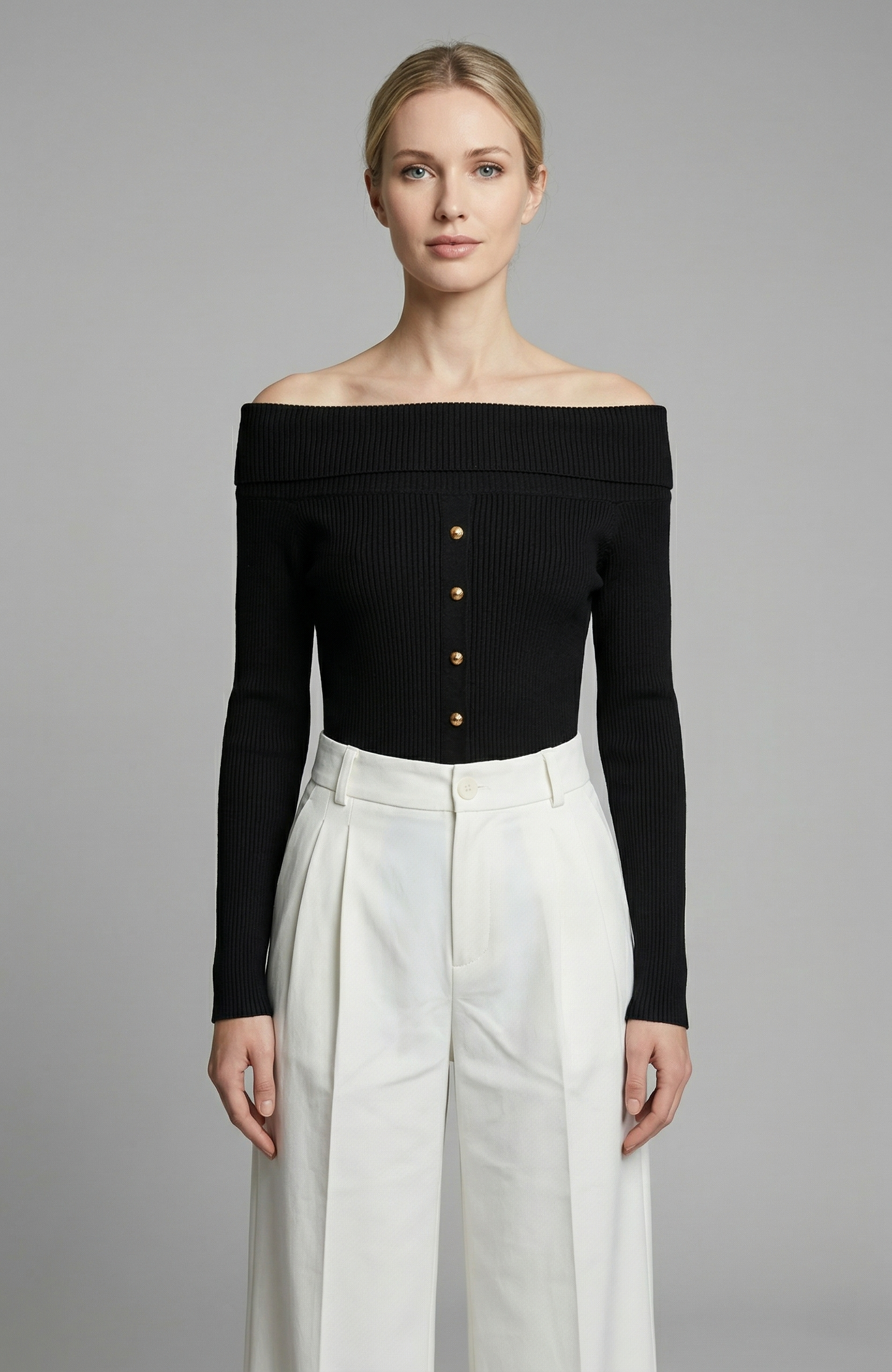 Off Shoulder Cardigan w Gold Buttons