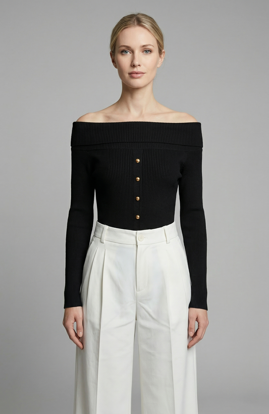 Off Shoulder Cardigan w Gold Buttons
