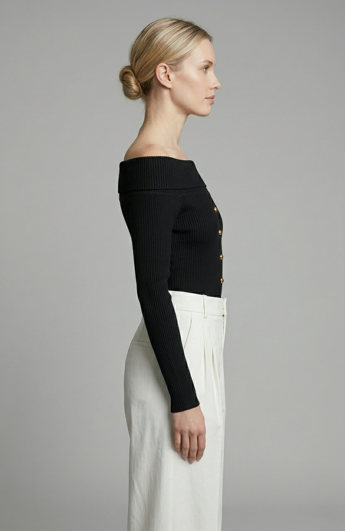 Off Shoulder Cardigan w Gold Buttons