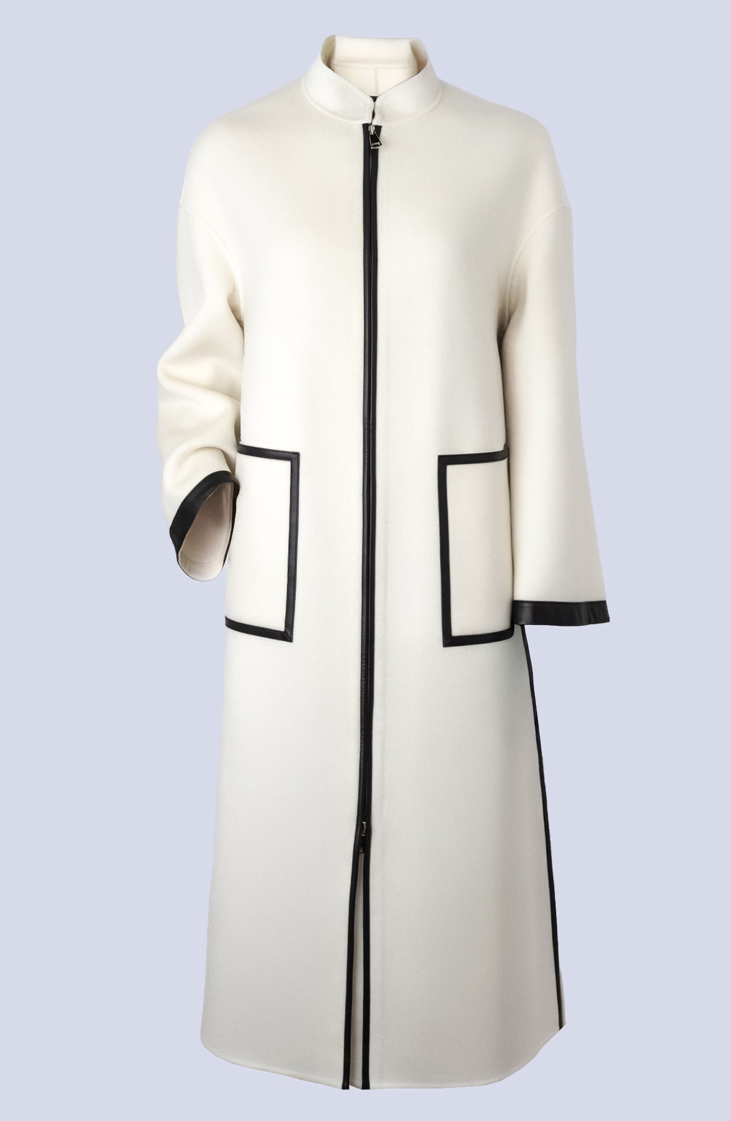 Cashmere Wool Leather Trim Long Coat