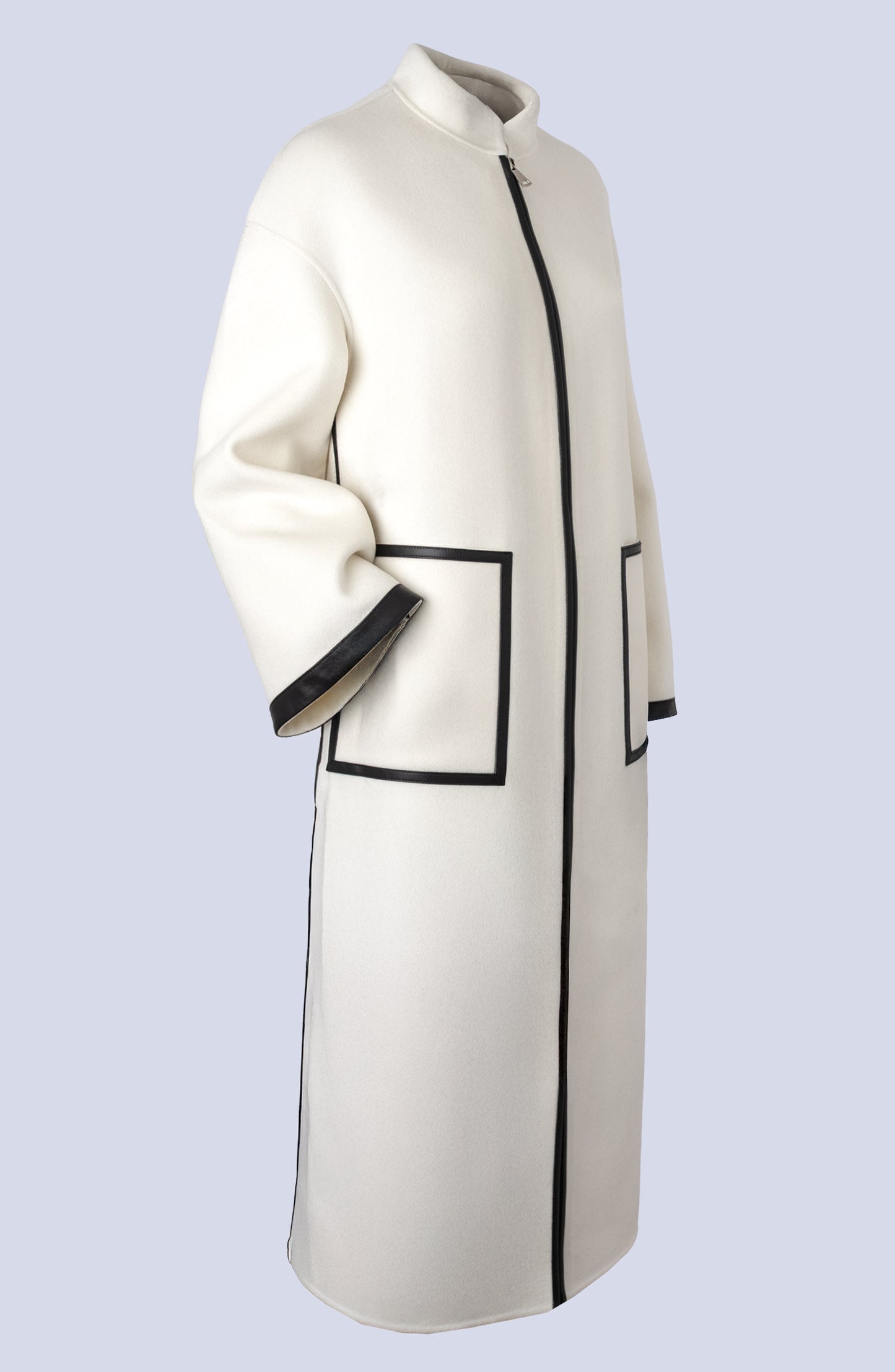 Cashmere Wool Leather Trim Long Coat