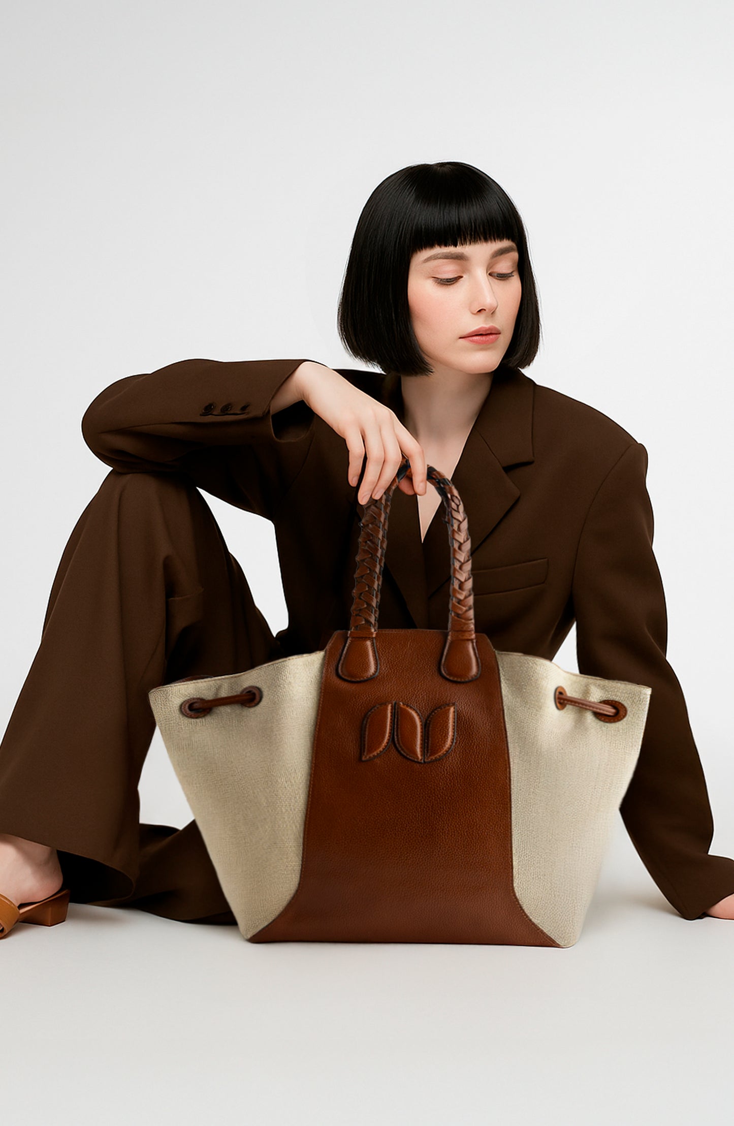 MARINA TOTE LEATHER CANVAS AND COÑAC