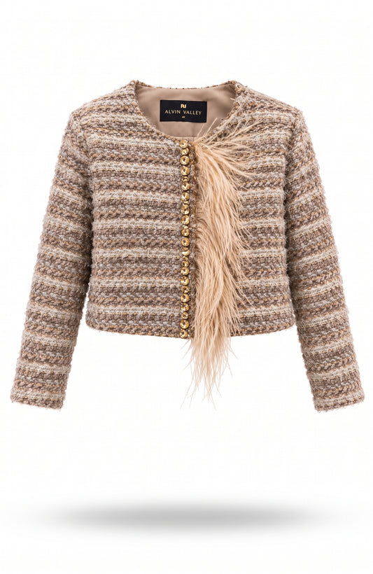 Wool Tweed w Feather Trim Jacket
