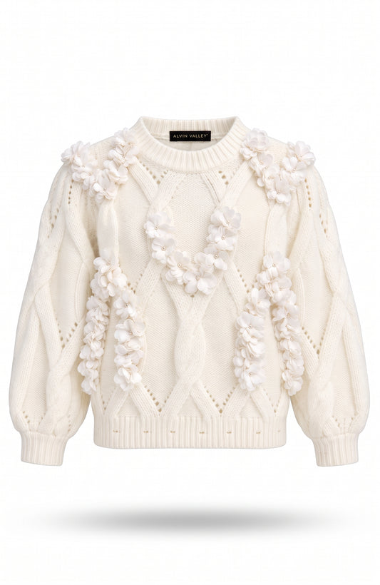 Floral Appliqué Cable-Knit Sweater