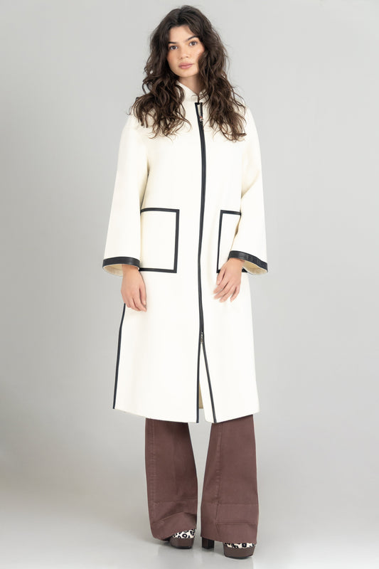 Cashmere Wool Leather Trim Long Coat