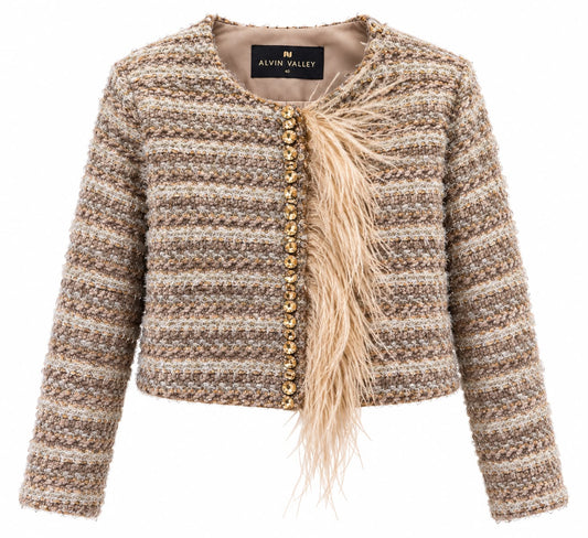 Wool Tweed w Feather Trim Jacket