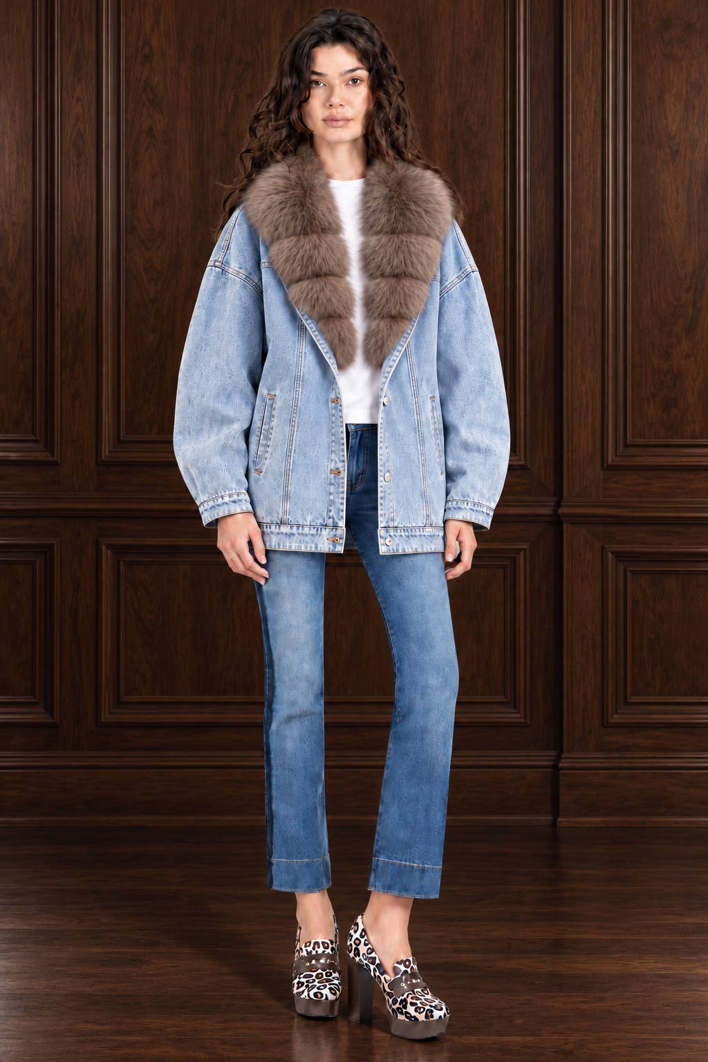 ALVIN VALLEY denim fox jacket on model against dark walnut paneling
