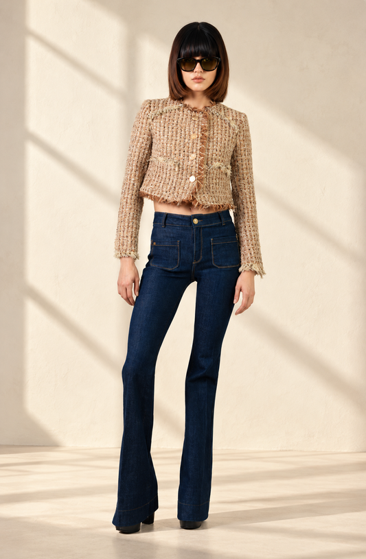 Alvin Valley Doyenne Dark Wash bootcut jeans with front patch pockets, photographed with soft window shadows