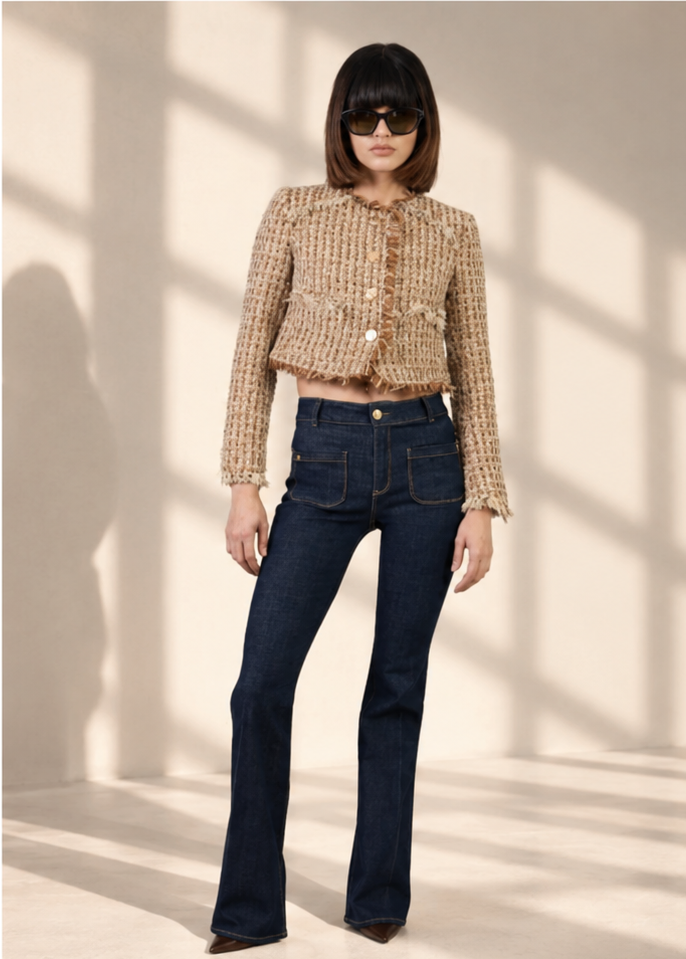 Alvin Valley Doyenne dark wash jean editorial with architectural window shadows