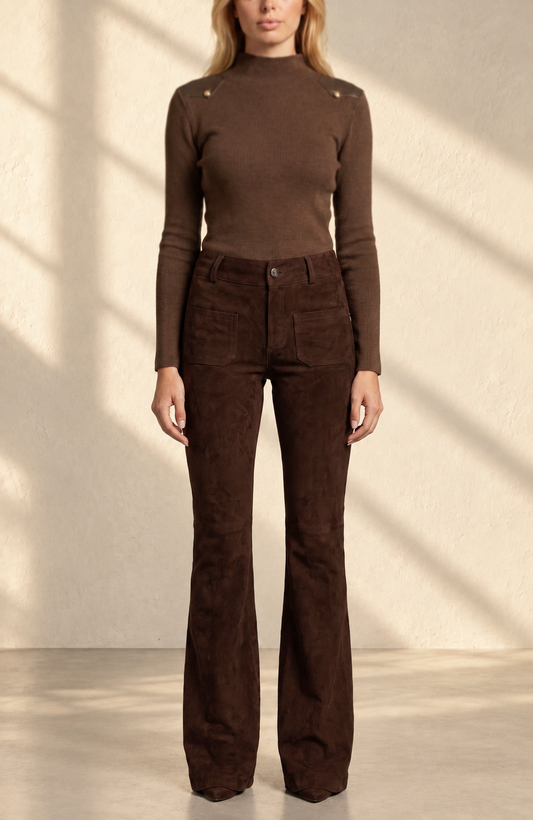 Doyenne suede jeans in soft window light