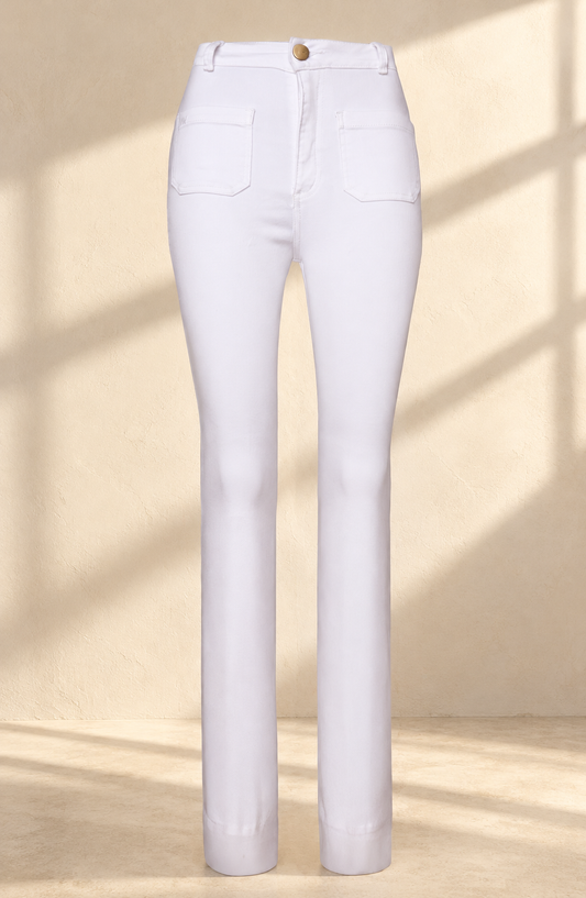 Doyenne white jeans in soft window light
