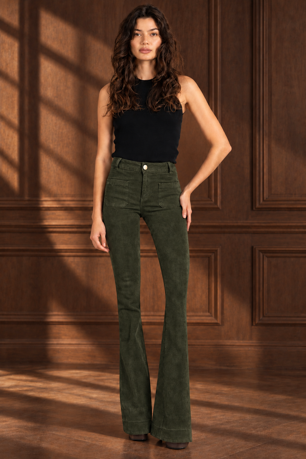 Alvin Valley Suede Doyenne in loden green, brunette model against dark wood paneling